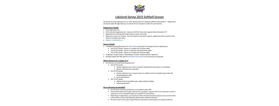 2023 Spring Softball Registration